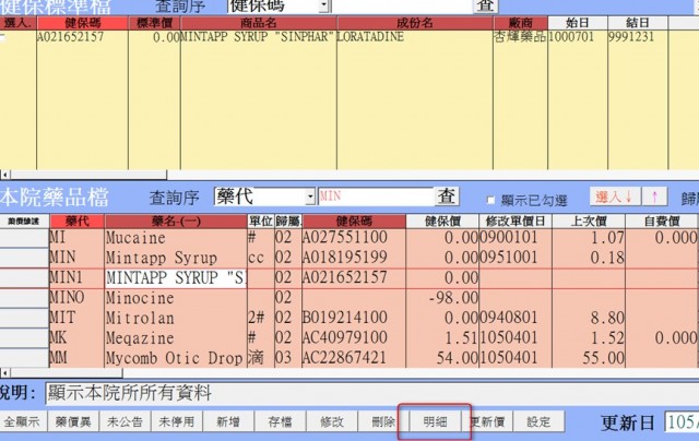 首頁之『管理支援』，選『醫令整理』，選取藥物的部份，就會進入此畫面，點選『明細』，就會進入下面畫面